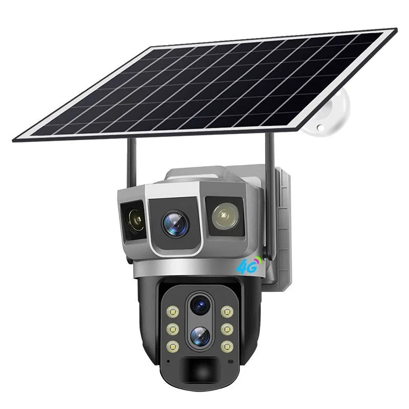V380 outdoor smart monitor camera with solar panel on wall mount showing three-screen display