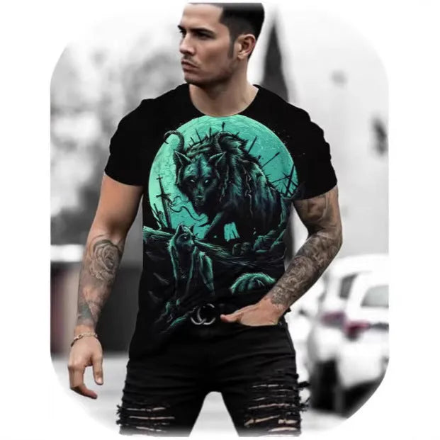 Men's grey t-shirt with a retro-style 3D lion graphic print on the front.