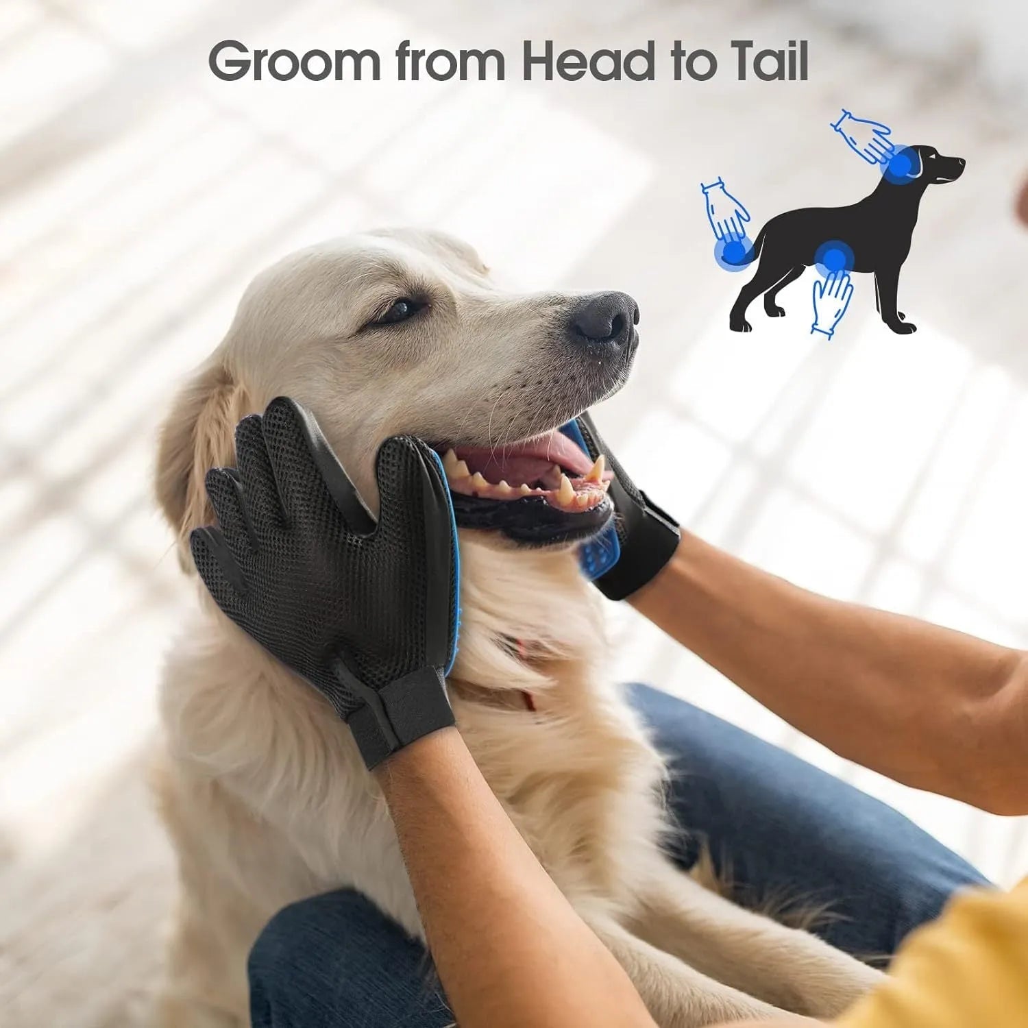 Blue pet grooming gloves with silicone tips for dog and cat hair removal