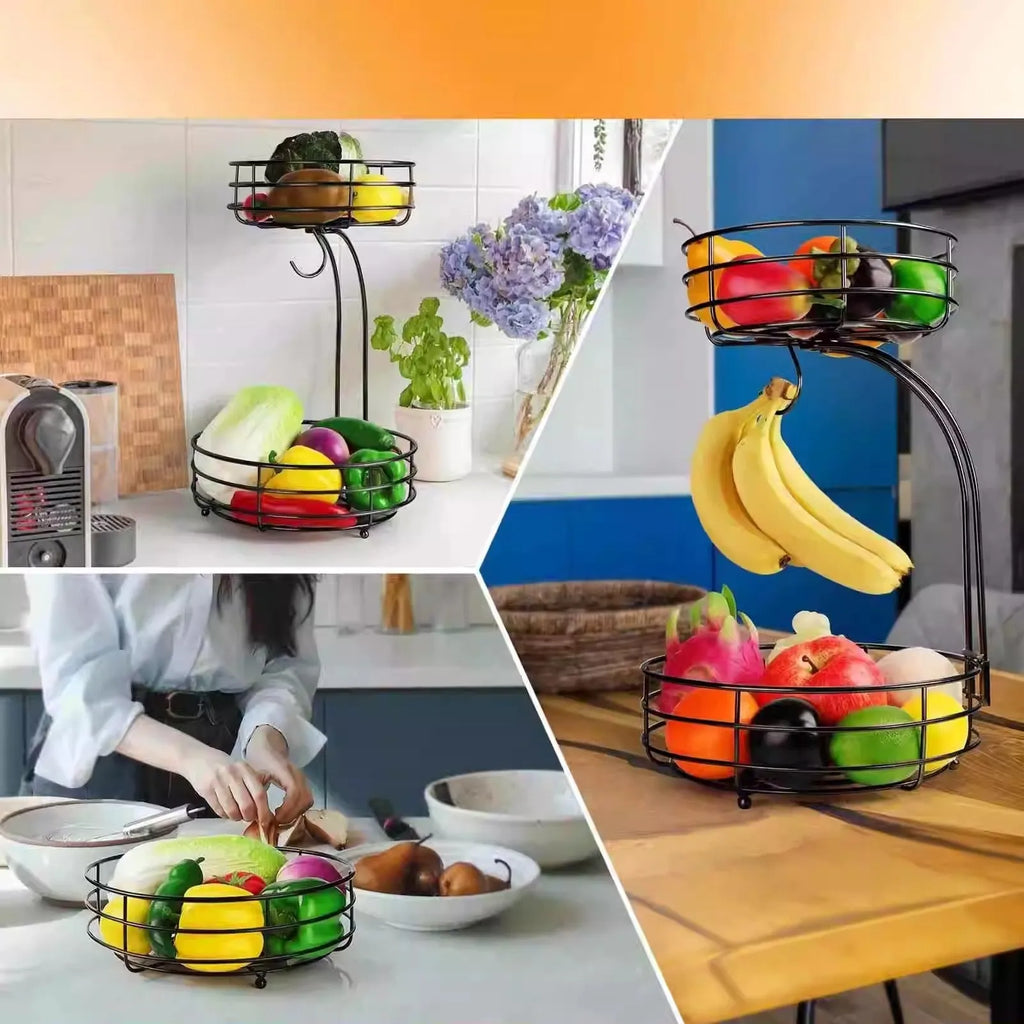 Double-layer black wrought iron fruit basket for restaurant snack storage