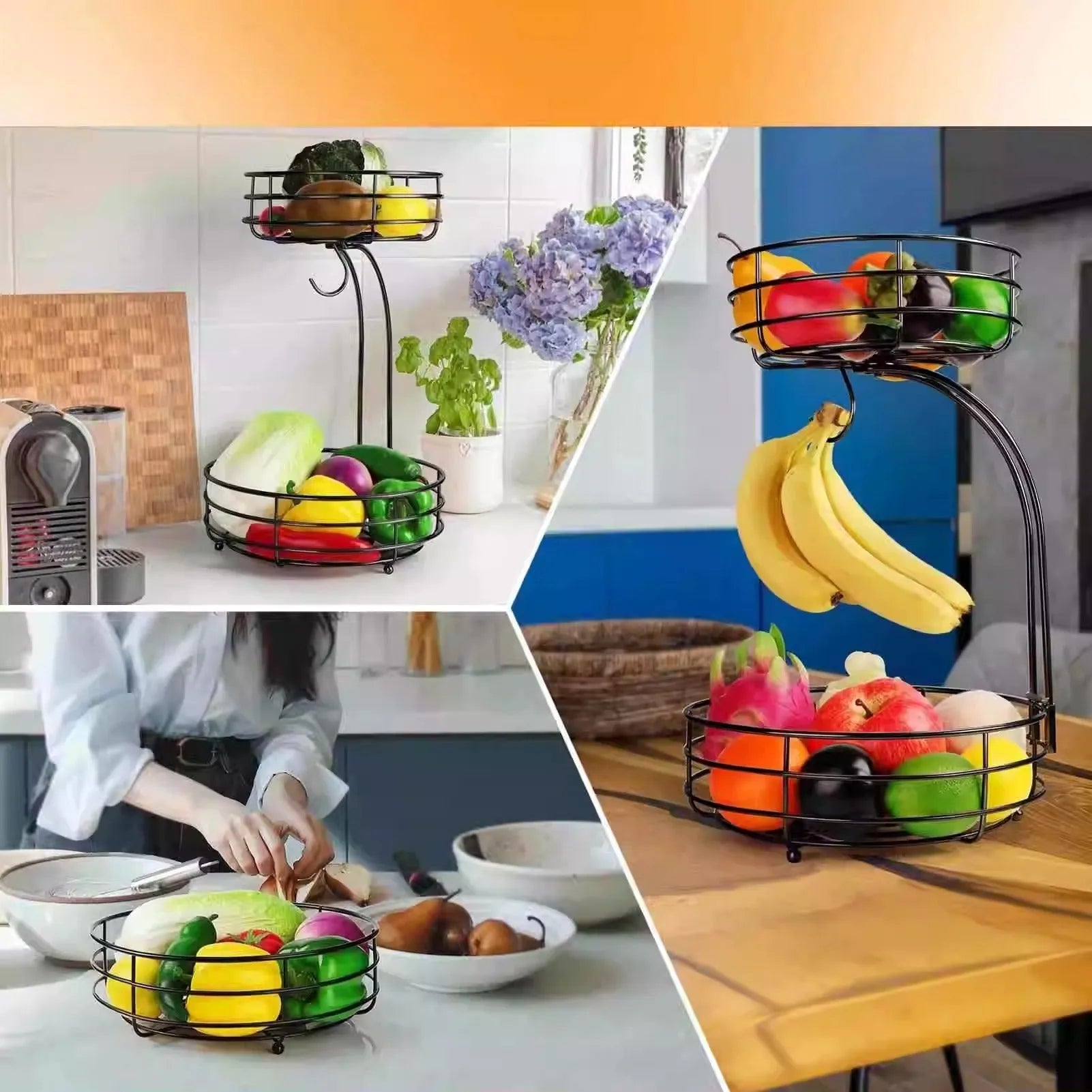 Double-layer black wrought iron fruit basket for restaurant snack storage