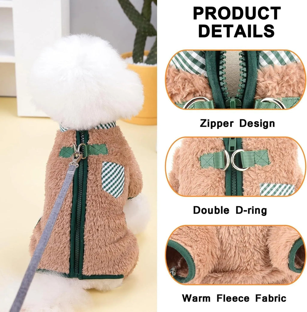 Green plush fleece dog jumpsuit coat with four legs and a back zipper, shown on a small dog.