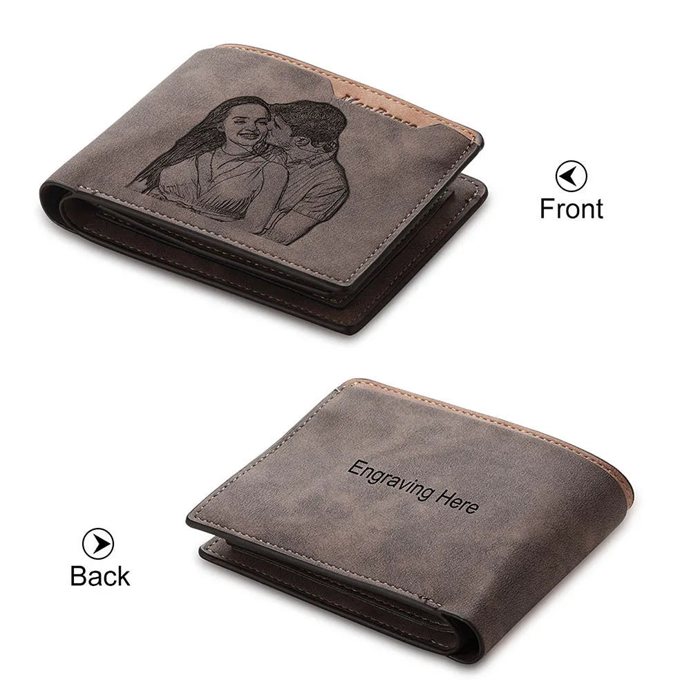 Coffee brown engraved horizontal short wallet with custom photo personalisation showing 120x99x25mm dimensions