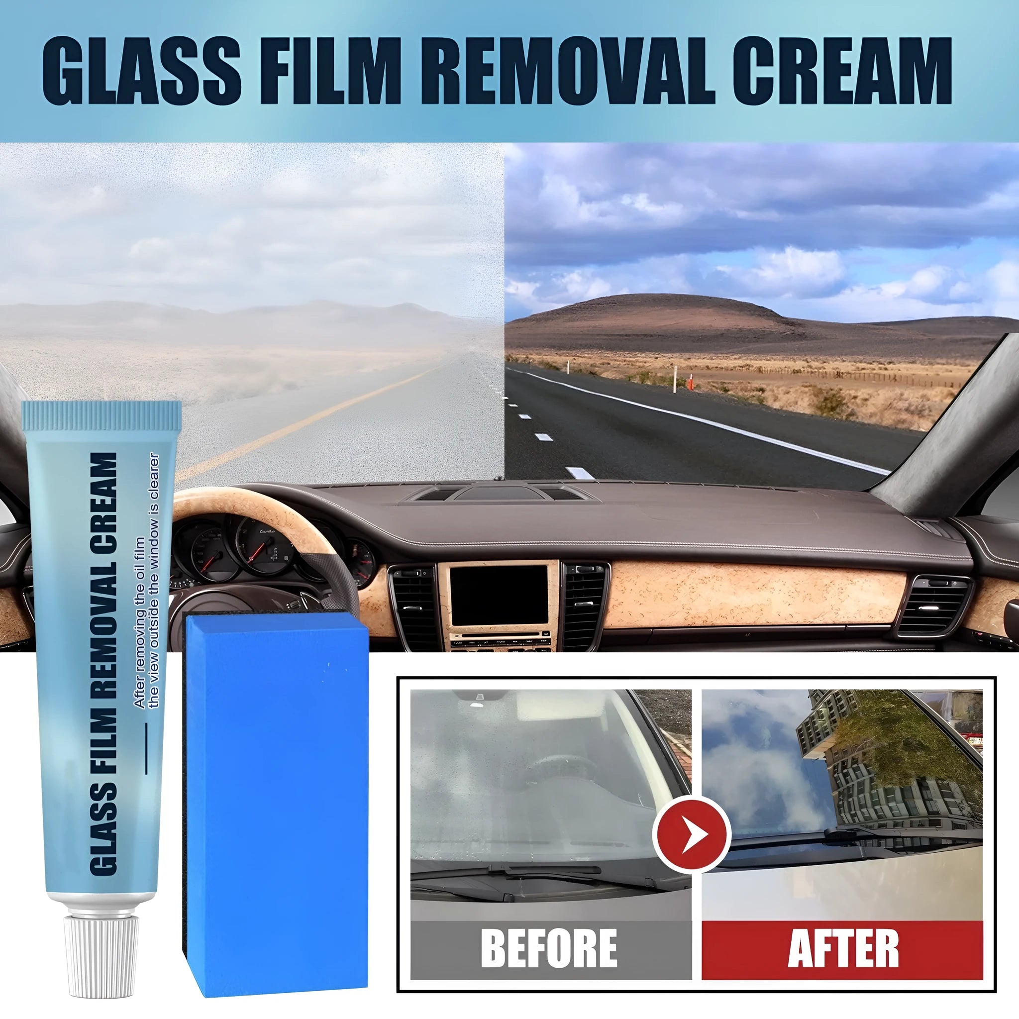 Blue sponge applicator and tube of car window oil film remover for glass decontamination