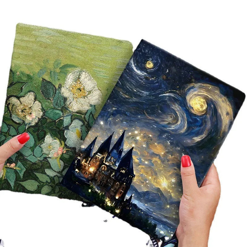Handmade liquid silicone iPad flip case with floral oil painting design showing front and back protection
