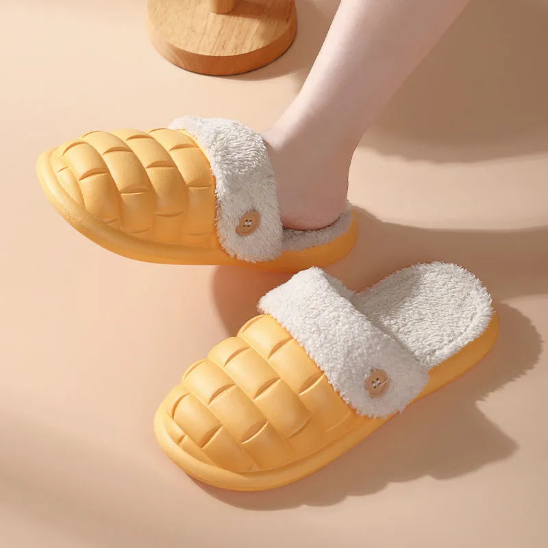 Plaid detachable EVA slippers for women in pink, shown with plush lining and flat sole.