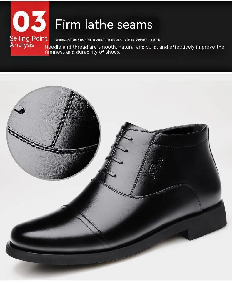 Men's winter real leather cotton shoes with fleece lining, black, rubber sole, sizes 38-44
