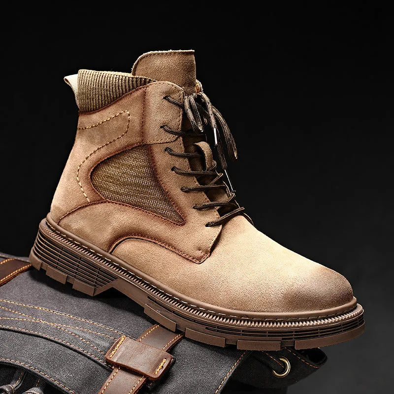 Men's vintage Martin boots in black with a round toe, low thick heel, and rubber sole.