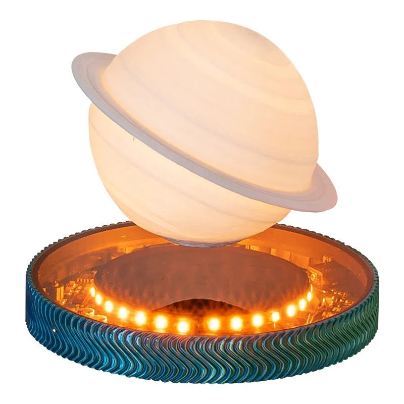 Small magnetic levitating moon lamp floating above its base on a table