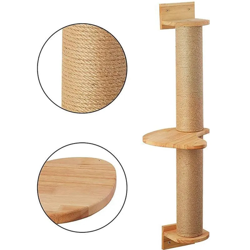 Wooden wall-mounted cat climbing frame with rope ladders and jumping platform in natural wood colour