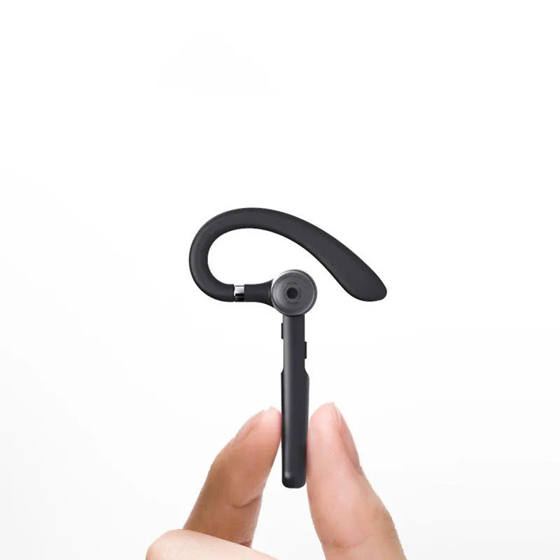 Black mono Bluetooth headset with over-ear hook for hanging-ear wearing style
