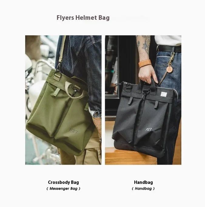 Marden Tooling canvas crossbody bag in military green with laptop compartment showing retro styling