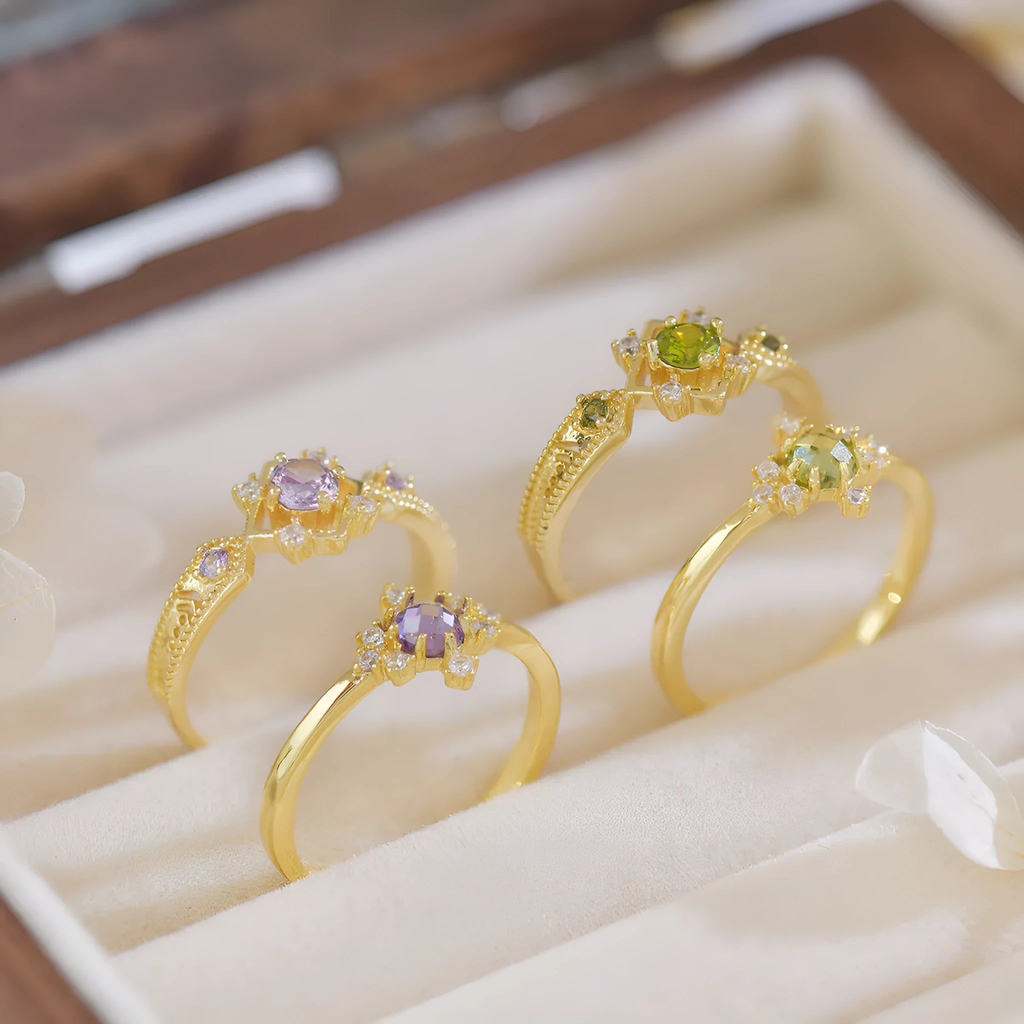 French style geometric open mouth copper ring with olive green or purple zircon detailing