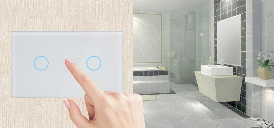 White 2-gang RF smart touch light switch with tempered glass panel and LED indicators