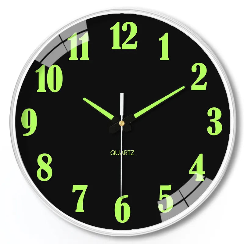 Modern luminous wall clock with plastic shell, 20cm diameter, shown in a room setting.