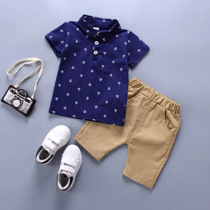 Anchor print children's cotton pantsuit set in Korean style with short sleeves and trousers