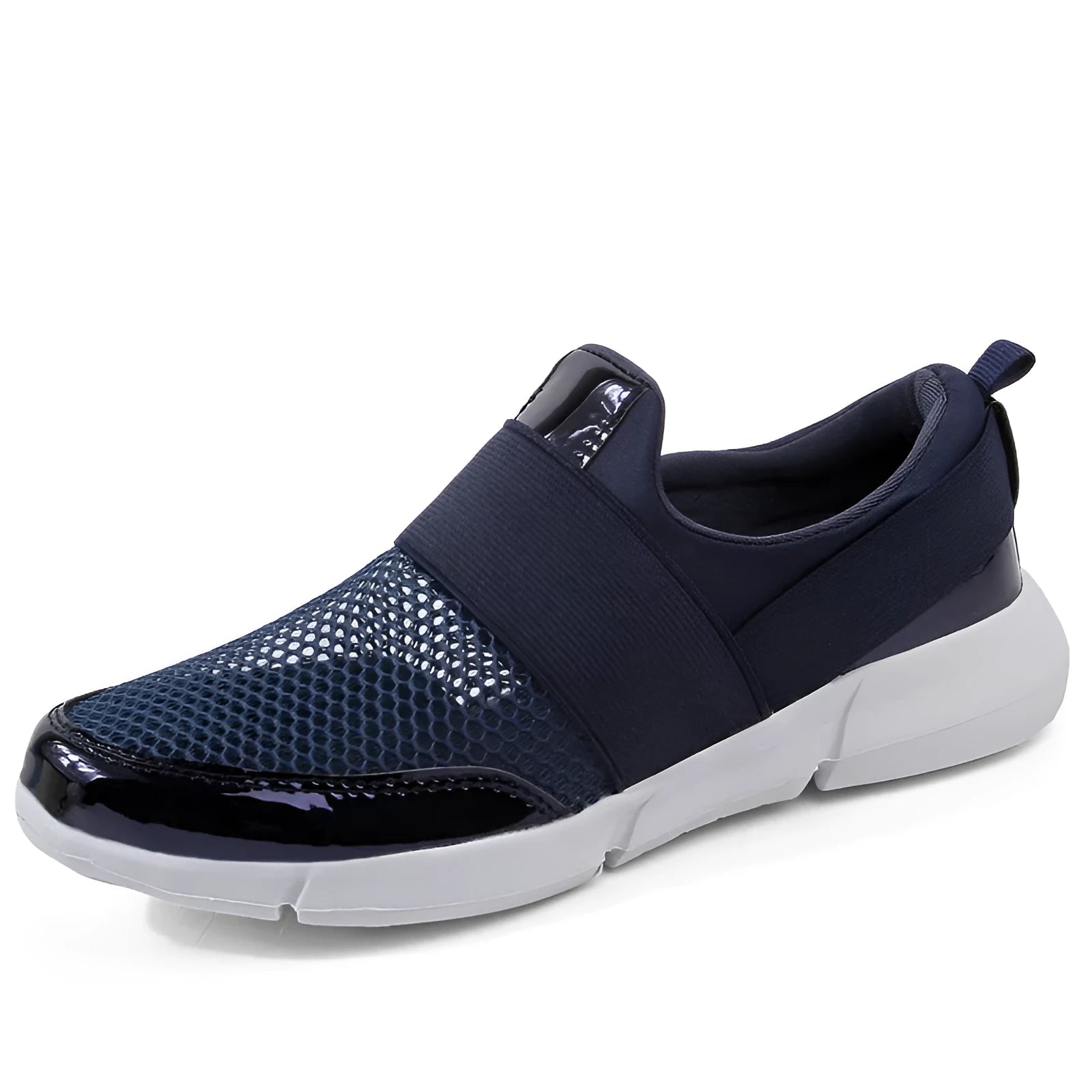 A pair of blue, low-cut women's casual sneakers with a mesh lining on a hard floor surface.