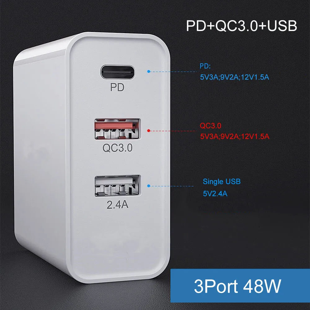 Fast charging wall charger with multiple USB ports in black or white ABS plastic housing