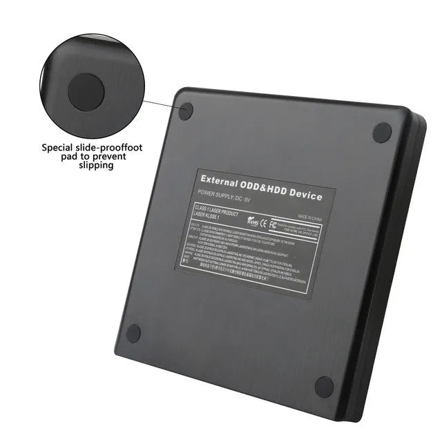 External optical disk drive in black with USB 2.0 and 3.0 support for DVD burning