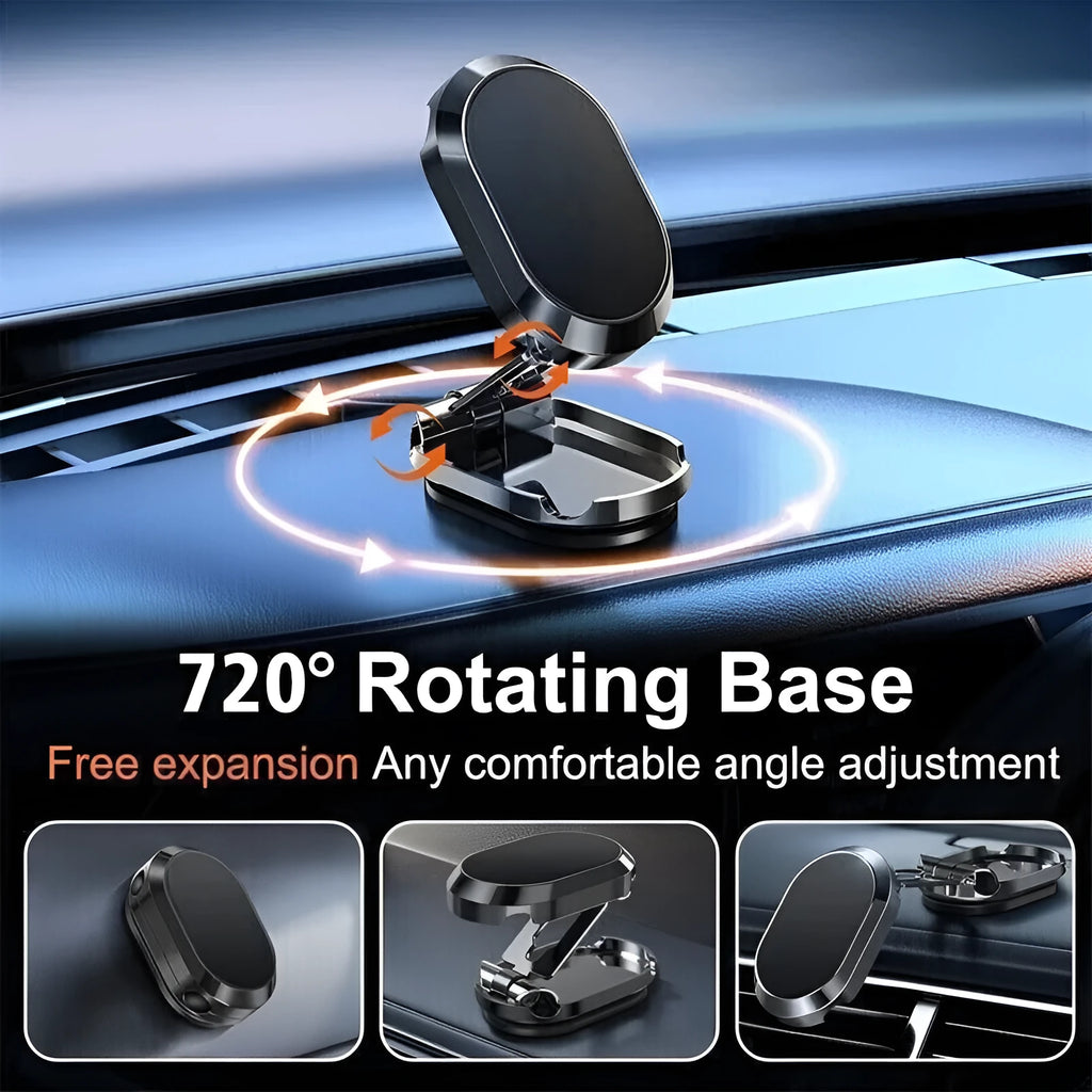 Chrome magnetic car phone holder showing folded and extended positions with 360-degree rotation