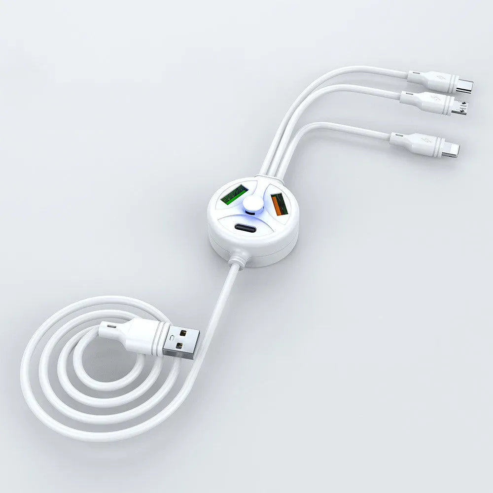 PDPVC 3-in-1 fast charge USB cable showing Mini USB, Micro USB, and TYPE-C connectors on a 1.2m white cable.