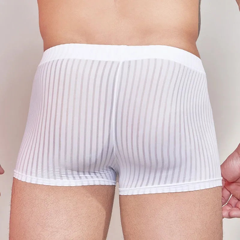 Men's thin striped nylon underwear in black, white, and dark grey colours.