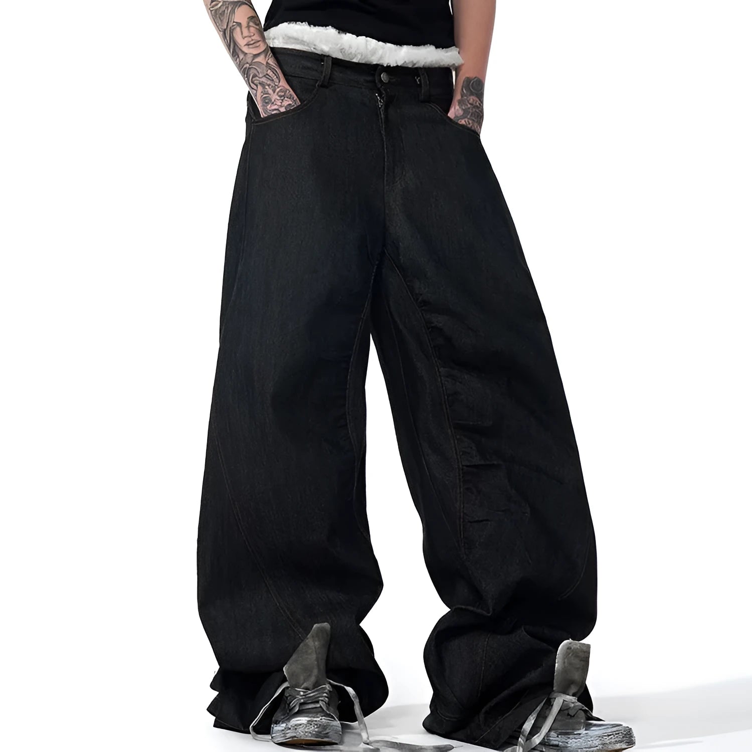 Black wide-leg jeans with temperature-sensitive embroidery on red ears, Korean loose straight style