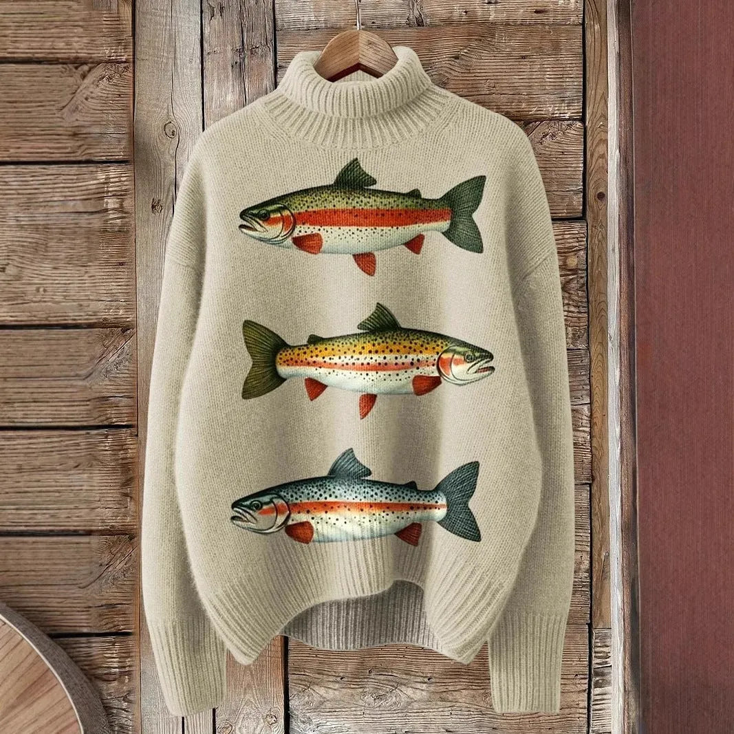 Women's loose-fit Christmas printed turtleneck sweater in macaron colours
