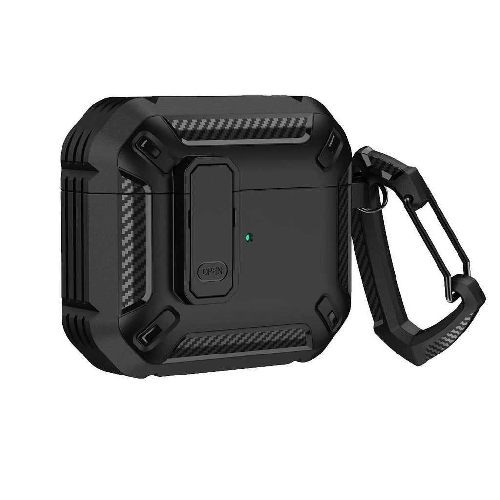 AirPods protective clamshell case in two-colour plastic with hook accessory