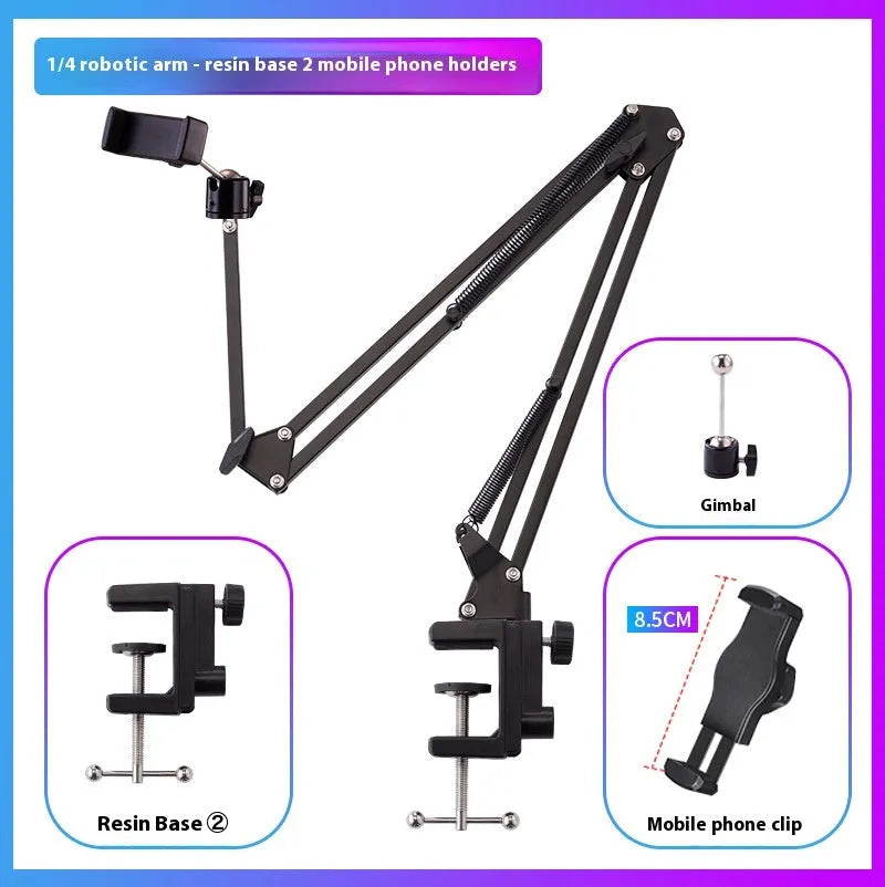 Black foldable metal desktop cantilever bracket holding a tablet, showing multi-angle adjustment.