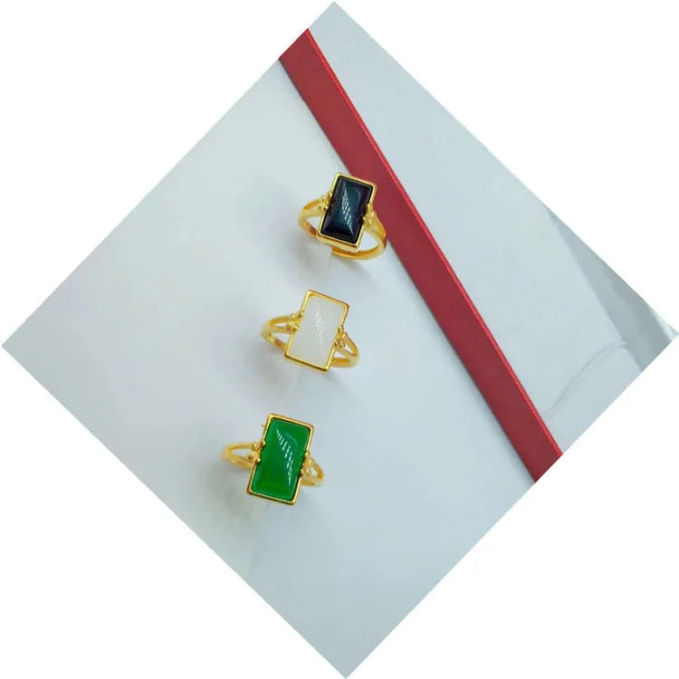 Brass gold-plated adjustable ring with electroplated artificial gemstone inlay in national style design