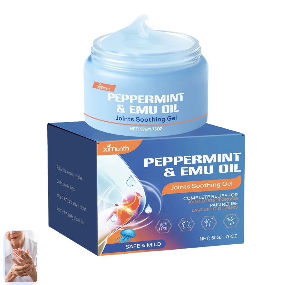 50g tube of joint soothing gel with menthol and emu oil displayed.