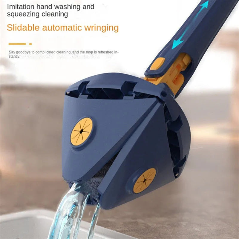 Extendable triangle mop with rotating blue head and adjustable stainless steel pole for corner cleaning