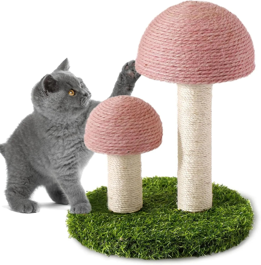 Pink mushroom-shaped cat scratching post with natural sisal cap and pole for small cats