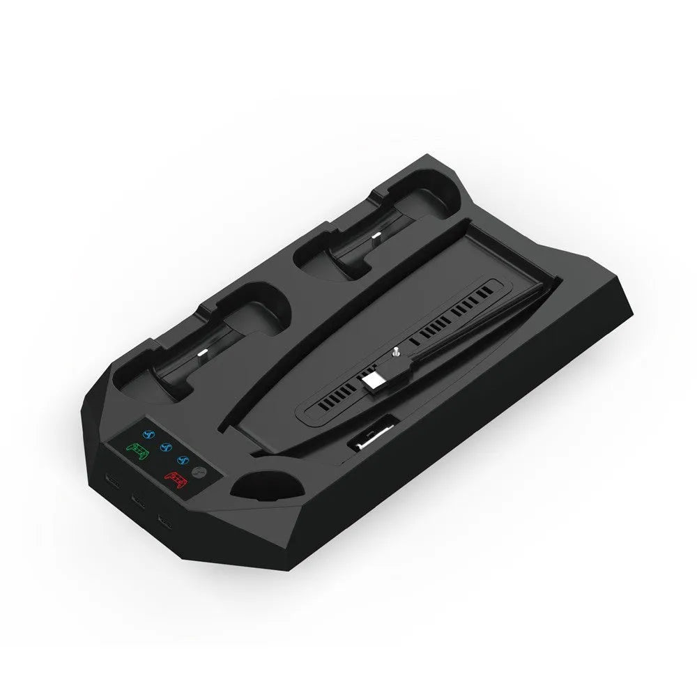 PS5 charging base and radiator stand in black or white with controller charging ports