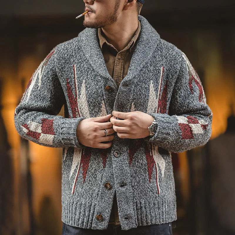 Men's thick polyester fibre lapel cardigan jacket in dark grey, long sleeves, casual front view