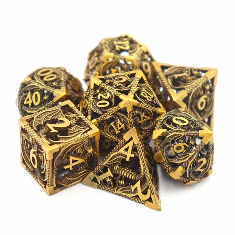 7-piece hollow copper electroplating dice set in multi-colour right-angle style, DND dice on gaming mat