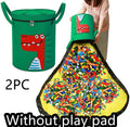 Green felt cube storage bag with pull rope, shown both as a flat play mat and gathered toy bag