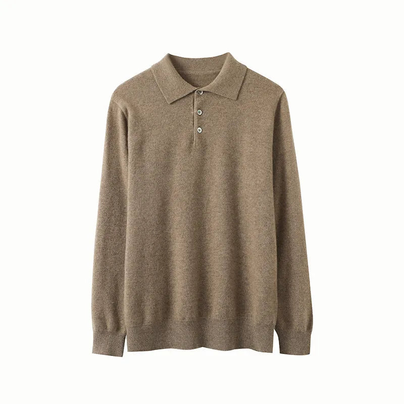 Men's sapphire blue cashmere polo collar pullover sweater with short sleeves on hanger