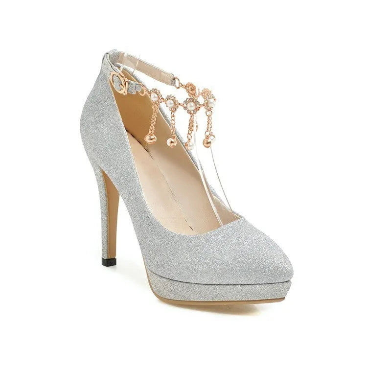 Women's platform high heels with stiletto heels in blue, pink, gold, or silver colours with pointed toe