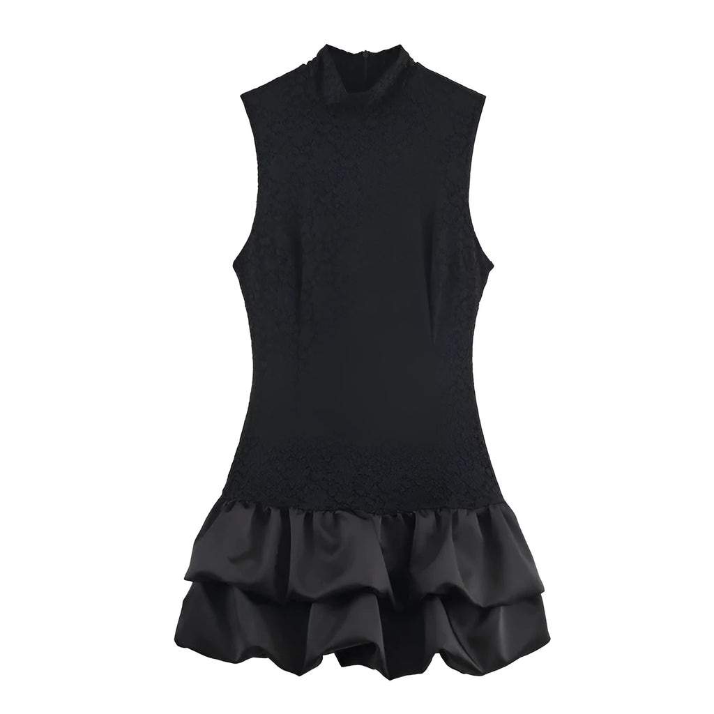 Women's black cotton short dress with lace stitching and asymmetric skirt on a plain background