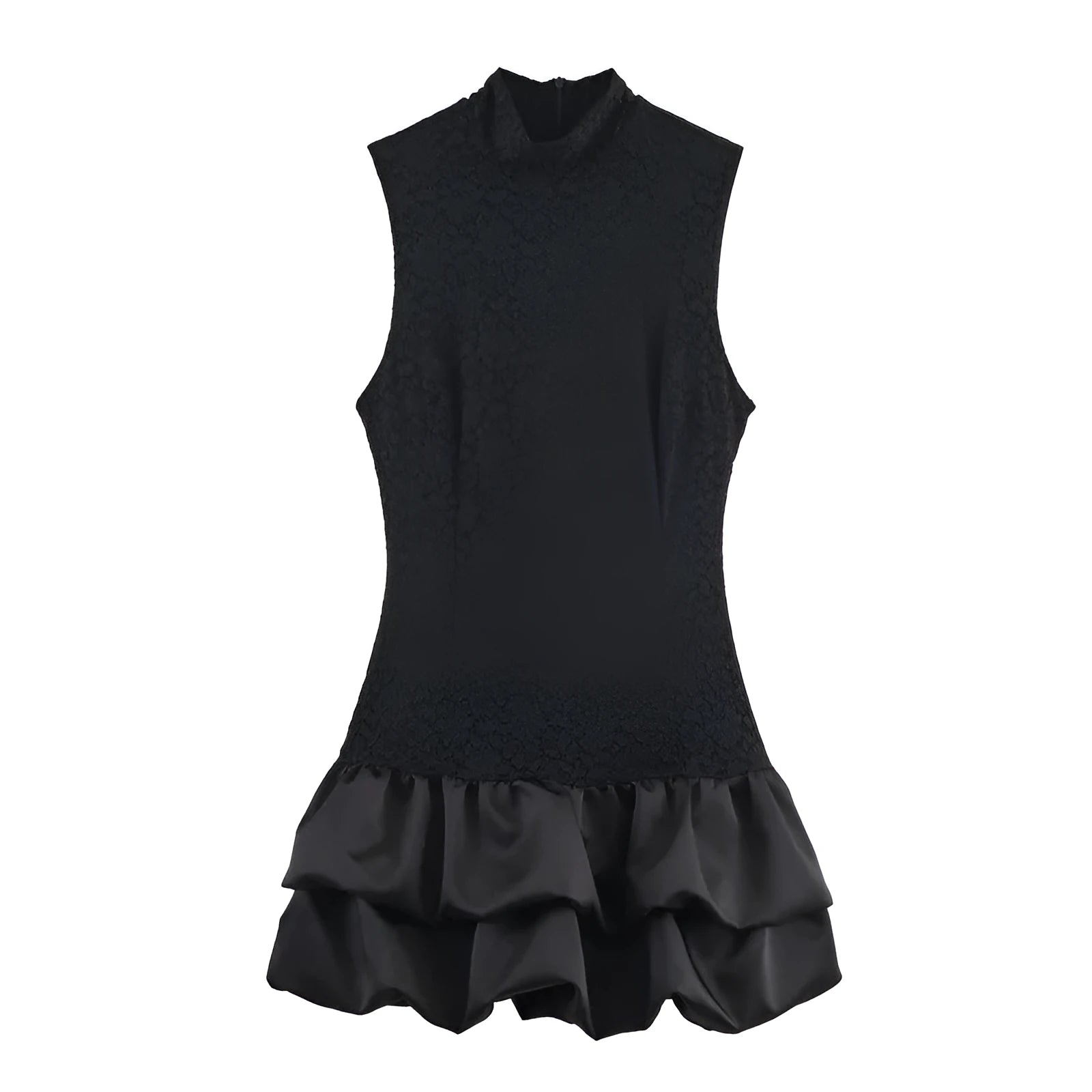Women's black cotton short dress with lace stitching and asymmetric skirt on a plain background