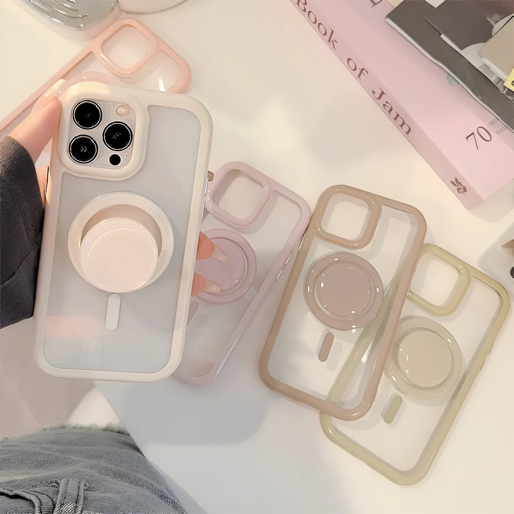 Solid colour magnetic bracket phone case for iPhone with acrylic back and magnetic edge in pink