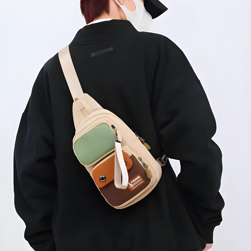 Nylon crossbody shoulder bag in black, beige contrast, or light brown contrast colour with simple letter pattern
