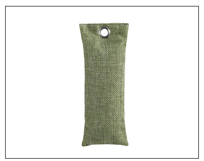 Black, green, grey, and blue bamboo charcoal deodoriser bags for shoes and household odour absorption.
