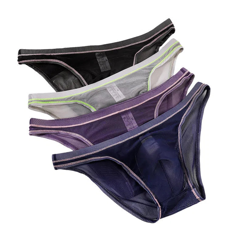 Transparent men's triangle underwear in white, seamless stretch knit nylon fabric, solid colour pattern