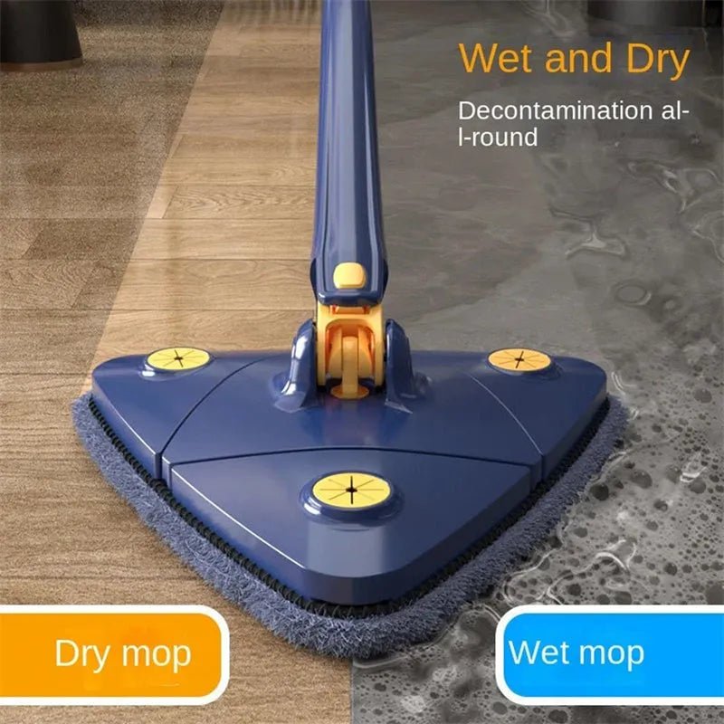 Extendable triangle mop with rotating blue head and adjustable stainless steel pole for corner cleaning