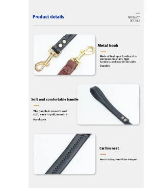 Black high-grade PU leather dog traction belt with a metal ring, shown alongside its attached rope.