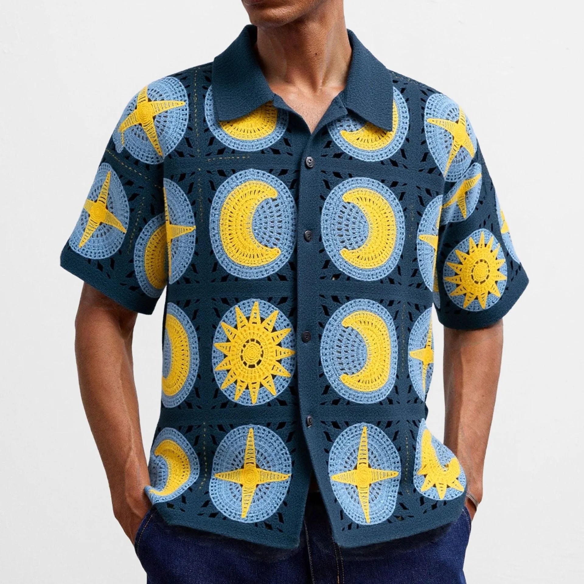 Navy blue men's cardigan with a raised cartoon flocking pattern on the front, featuring short sleeves.