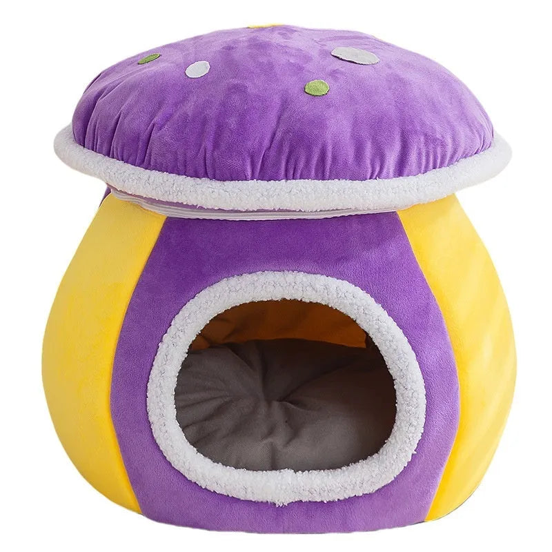 Grey mushroom-shaped plush cat bed with a detachable blanket and rabbit plush lining